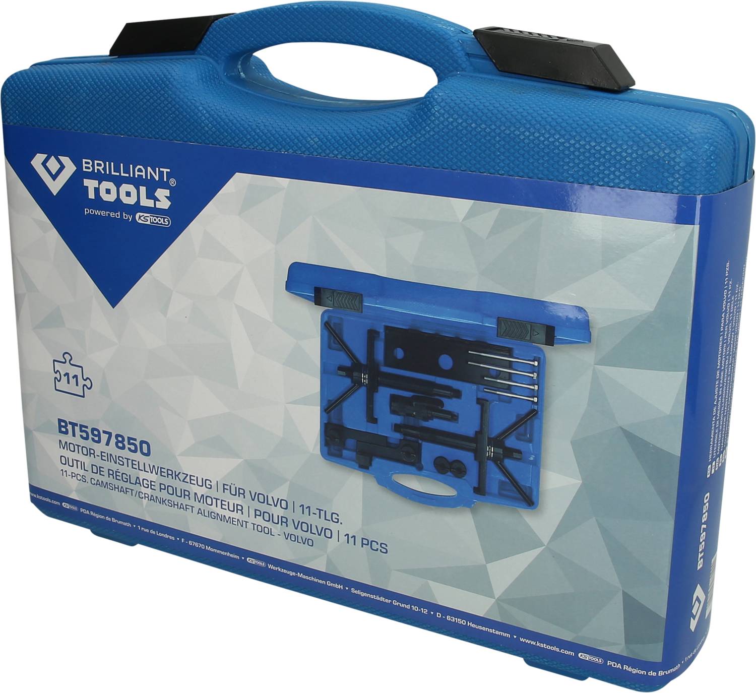 Niebieski zestaw narzędzi marki 'Brilliant Tools', zawierający 11-częściowy zestaw narzędzi do ustawiania silnika, specjalnie przeznaczony dla modeli Volvo.