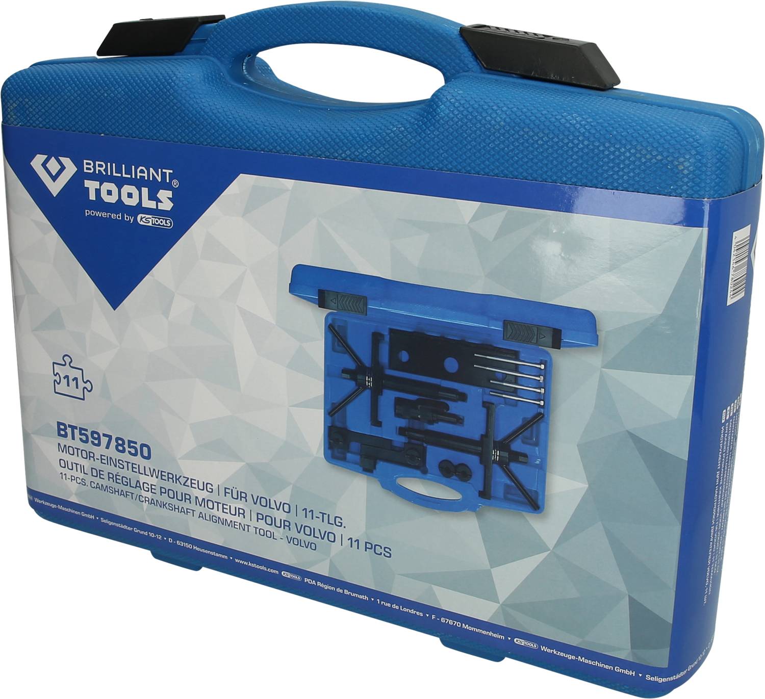 Niebieski zestaw narzędziowy z 11-elementowym kompletem narzędzi do ustawiania silnika do samochodów Volvo. Na pokrywie znajduje się ilustracja przedstawiająca zawarte w zestawie narzędzia.