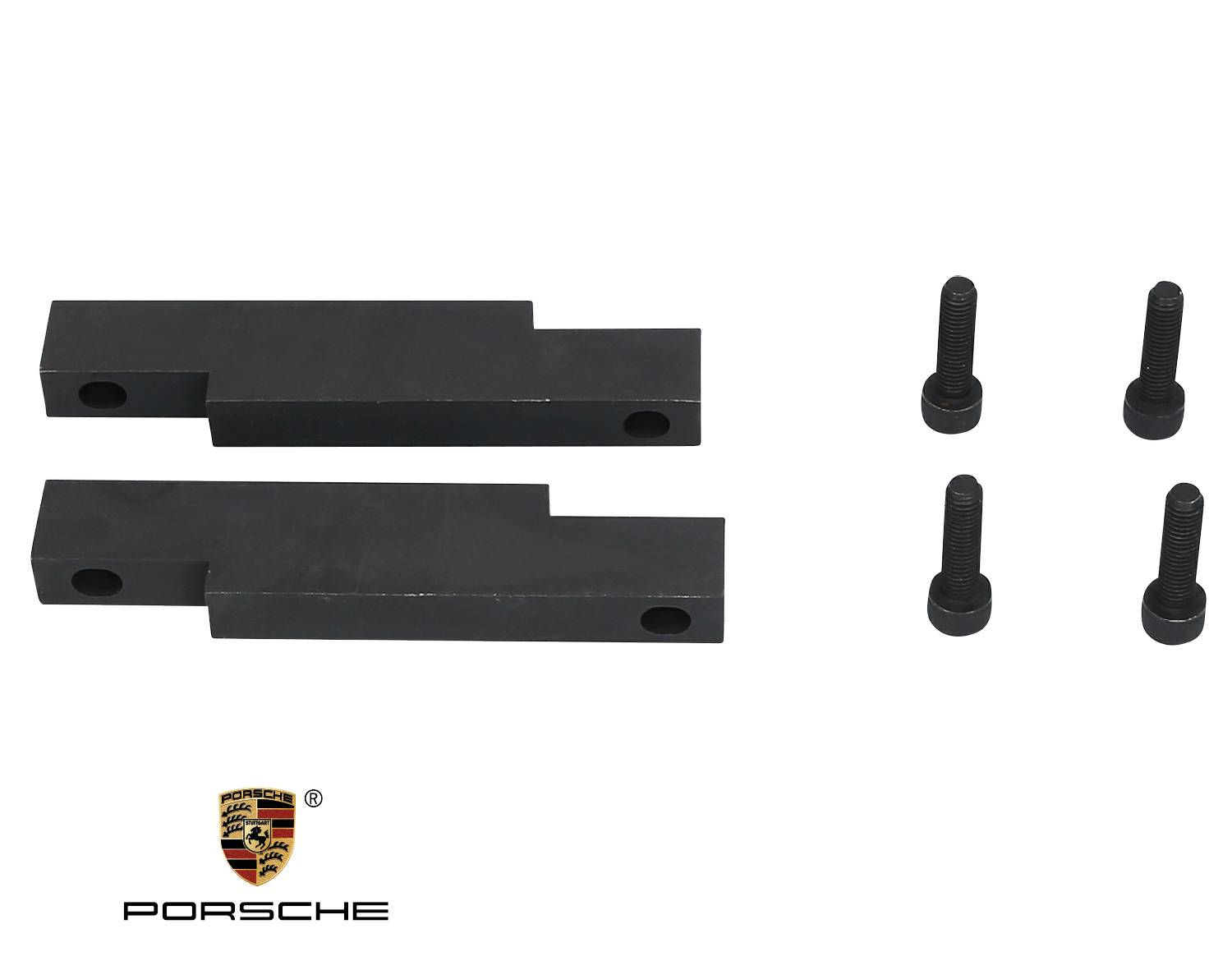 Dwie czarne metalowe pręty i cztery śruby, po lewej stronie logo Porsche.