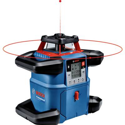 Niebieski laserowy niwelator rotacyjny Bosch, model GRL 500 HV, rzutuje czerwoną wiązkę laserową. Jest używany do precyzyjnego poziomowania.