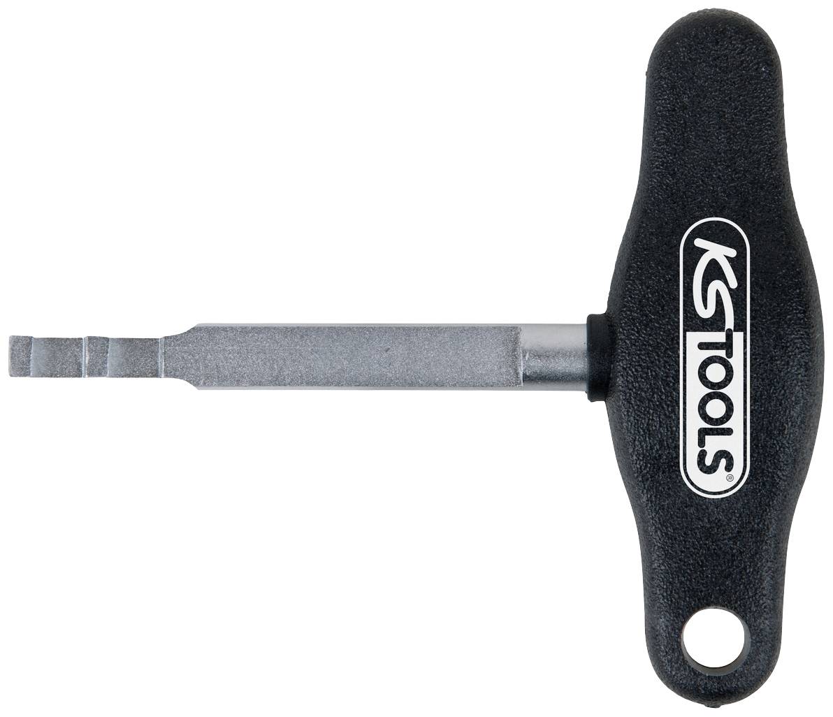 Klucz nasadowy T firmy KS Tools z czarną rękojeścią i srebrnym ostrzem.