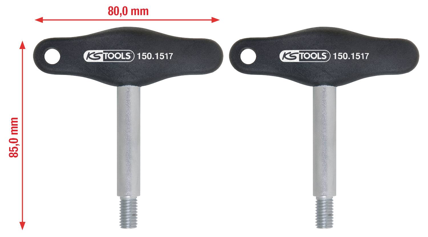 Dwa czarne klucze dynamometryczne z srebrnym uchwytem ułożone obok siebie. Na górze widnieje napis 'KS Tools 150.1517'. Wymiary: 80 mm szerokości, 85 mm wysokości.