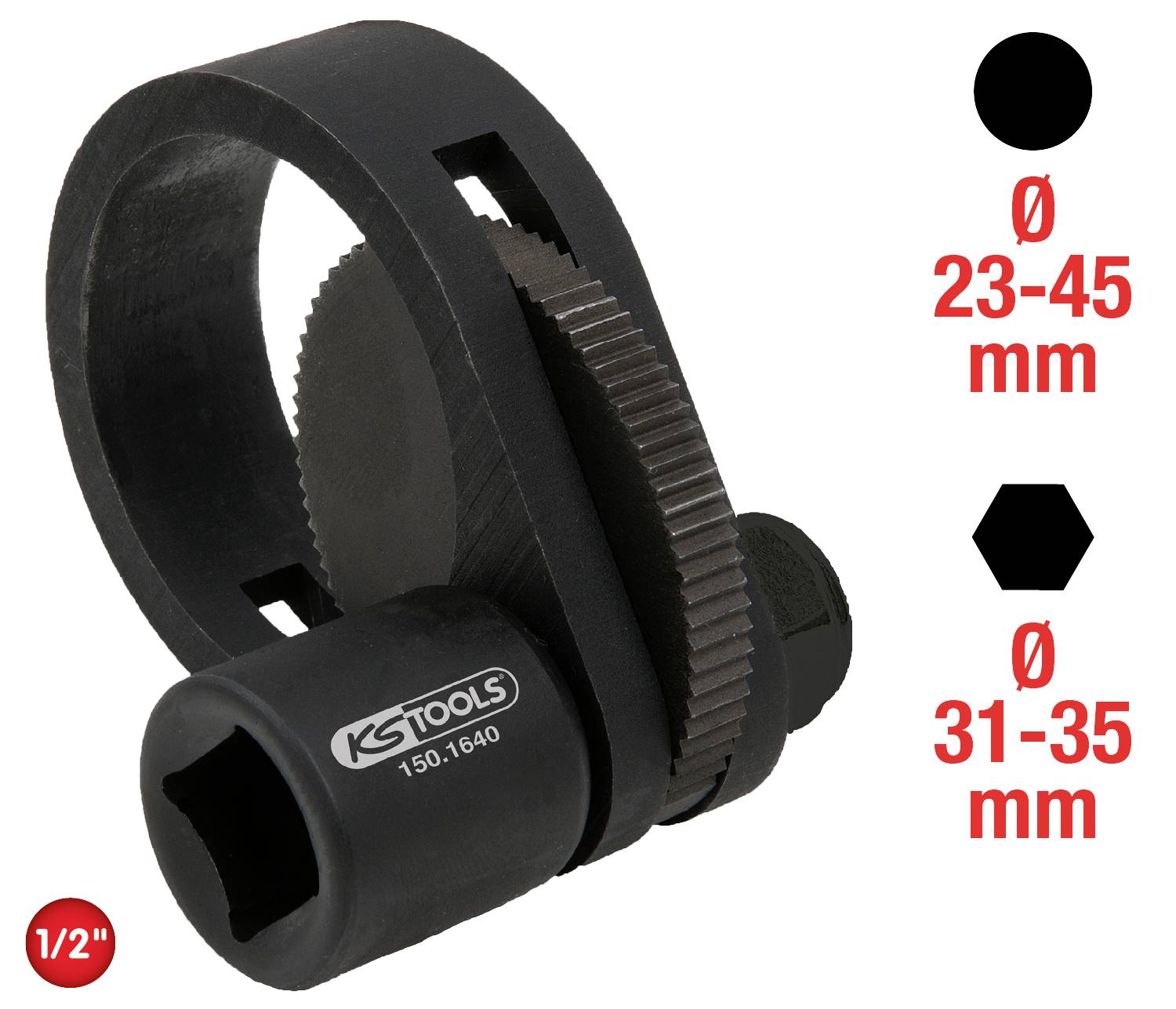 'Klucz do filtrów oleju KS Tools, uniwersalny, regulowany do średnic 23-45 mm i 31-35 mm. Kompatybilny z napędem 1/2".'