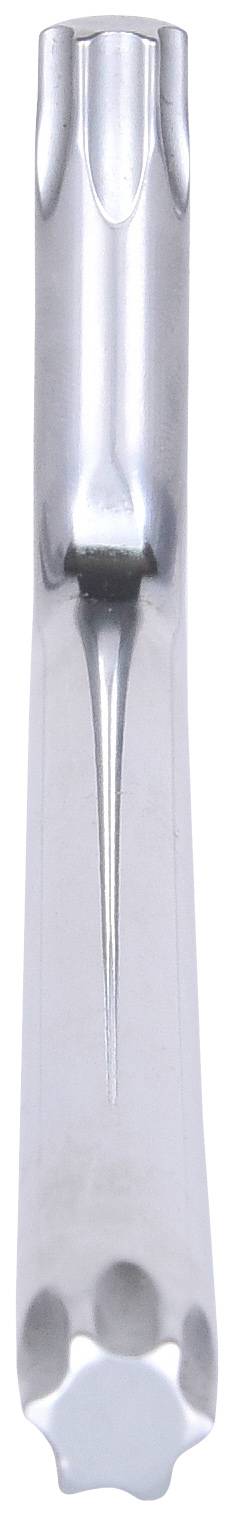 Srebrny, błyszczący, sześciokątny element metalowy, prawdopodobnie głowica narzędzia, na białym tle.