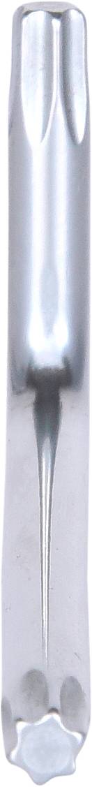 Metalowy grot narzędziowy z zakończeniem krzyżowym, odpowiedni do wkrętów krzyżowych. Srebrna, błyszcząca powierzchnia.