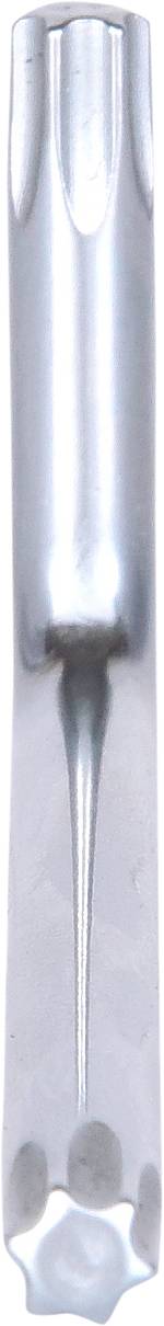 Srebrny, cylindryczny przedmiot metalowy o żebrowanej powierzchni, zakończony sześcioramiennym otworem.