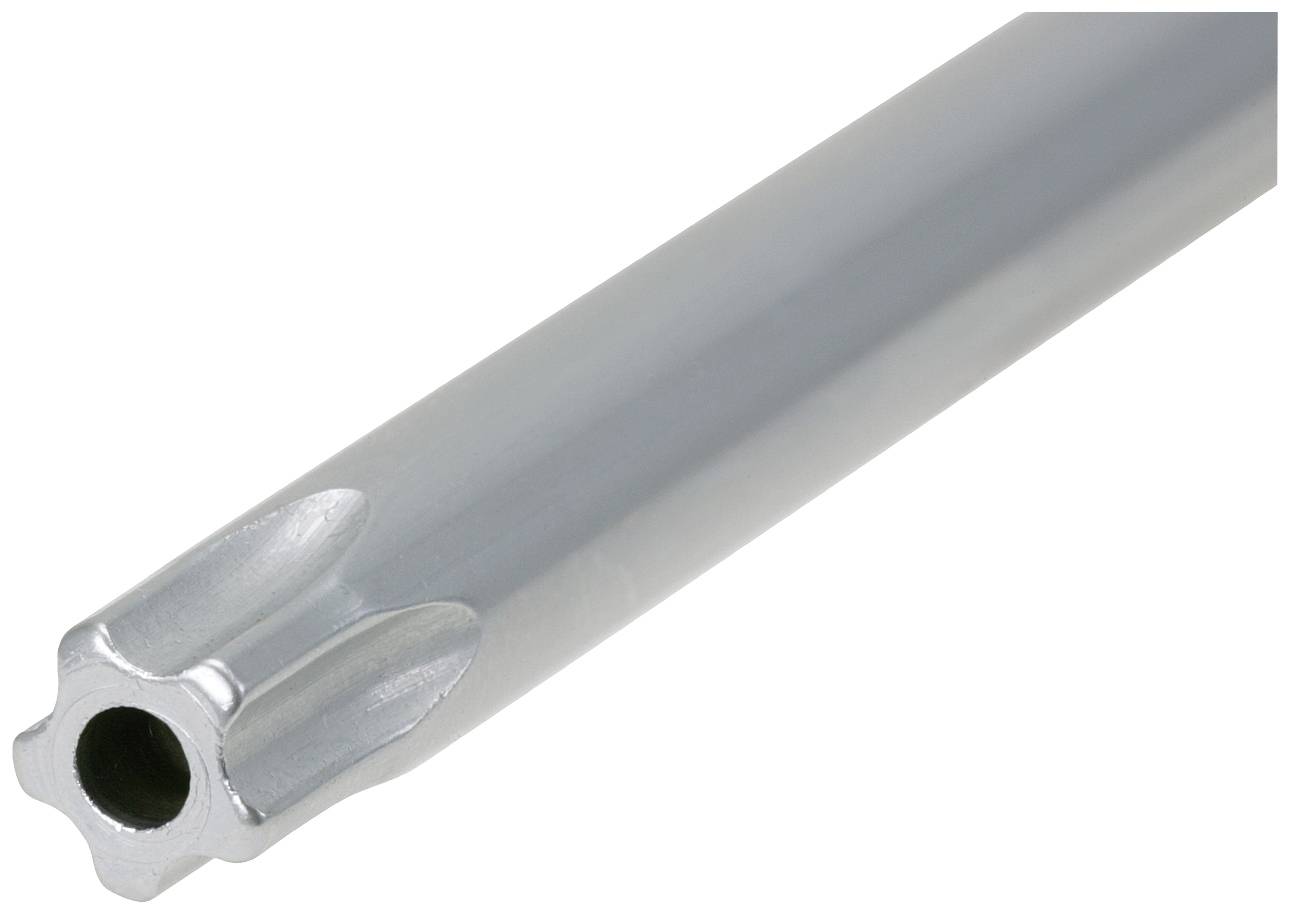 Srebrzysto-metalowy pręt Torx o wielu zębach, biegnący skośnie w dół w kierunku prawym.