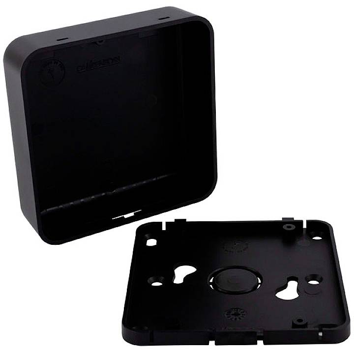 Prostokątna, czarna obudowa z zdejmowaną pokrywą, odpowiednia do montażu naściennego lub zastosowań elektronicznych.