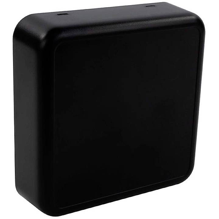 Czarna kwadratowa skrzynka z zaokrąglonymi rogami, na białym tle.
