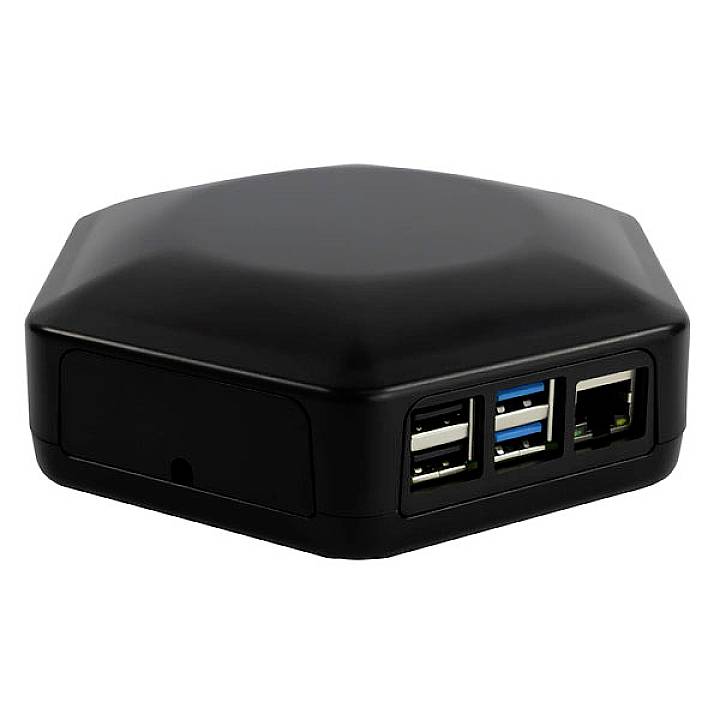 Czarny, sześciokątny przyrząd elektroniczny z wieloma portami USB oraz gniazdem Ethernet z przodu.