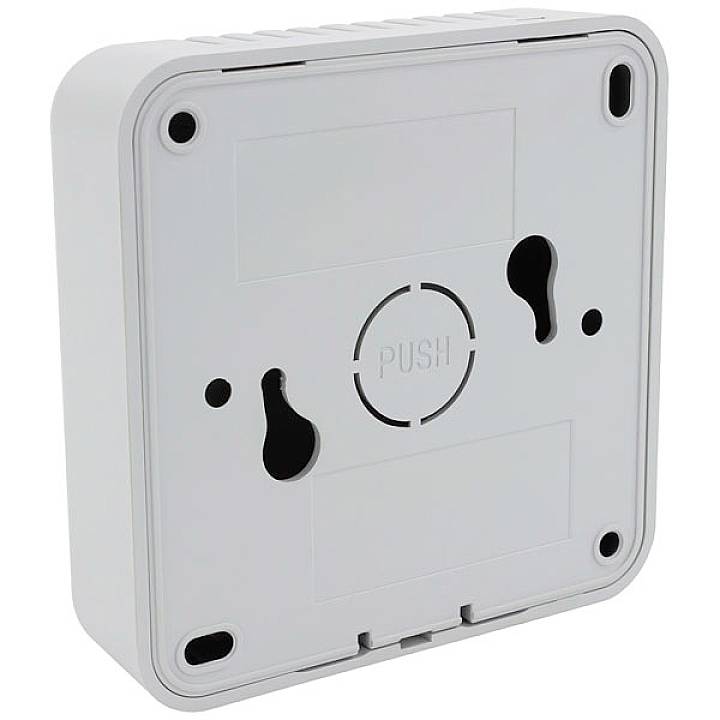 Biała puszka instalacyjna z tworzywa sztucznego z otworami na śruby i oznaczeniem 'PUSH' pośrodku, nadająca się do montażu ściennego.