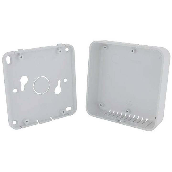 Obudowa plastikowa składająca się z dwóch części, prawdopodobnie przeznaczona dla urządzeń elektronicznych. Widoczna przednia i tylna strona, z mocowaniami i otworami.