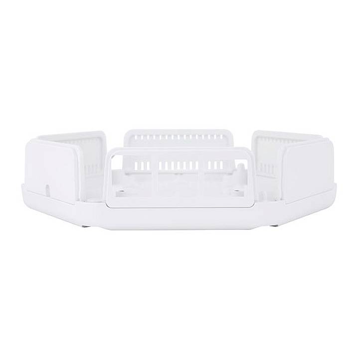 Biały, sześciokątny organizator kabli z otwartą górną powierzchnią i otworami wentylacyjnymi po bokach, przeznaczony do starannego przechowywania przewodów.