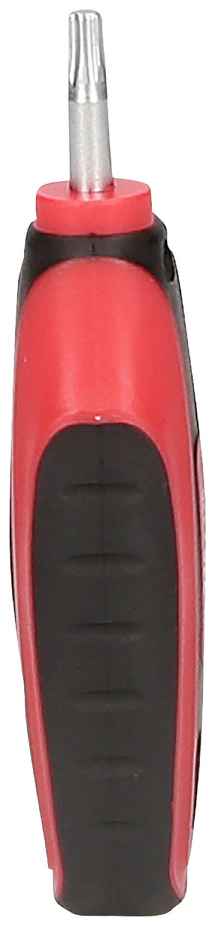 Czerwony i czarny wkrętak z wymiennym grotem, widziany z boku.