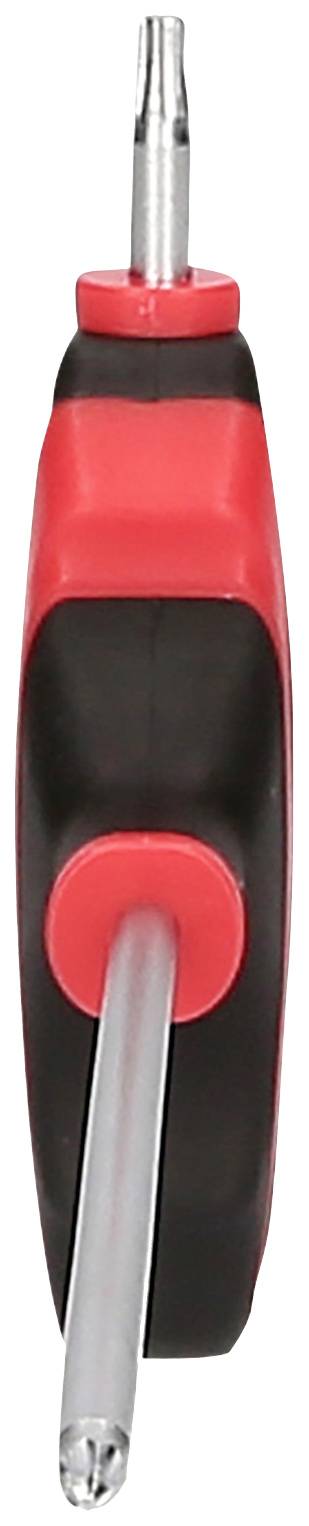 Czerwono-czarny śrubokręt z dwoma końcówkami metalowymi, jedną krzyżakową, a drugą płaską, przeznaczony do różnorodnych zastosowań.