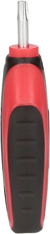 Czerwony i czarny śrubokręt, sfotografowany z przodu.