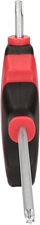 Czerwono-czarny wkrętak z uchwytem T i metalową, gwiazdkowatą końcówką, przedstawiony w pozycji pionowej.