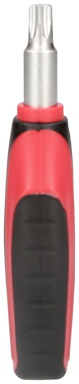 Czerwony i czarny śrubokręt z srebrnym bitem.