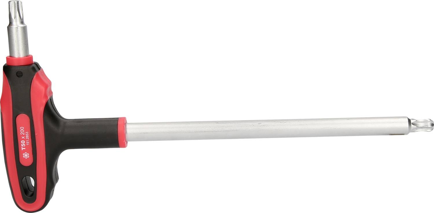 Klucz typu T z uchwytem w kolorze czerwonym i czarnym, przeznaczony do pracy w trudno dostępnych miejscach, zapewniający większy zasięg.