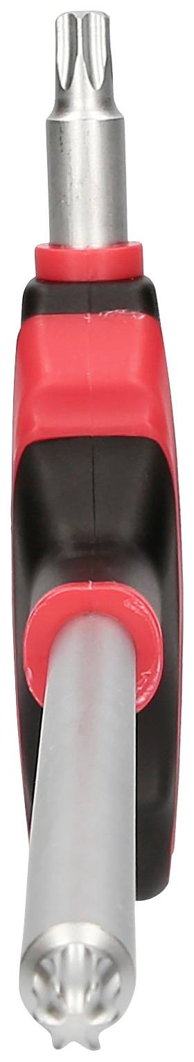 Czerwony i czarny śrubokręt z wymienny grotem.