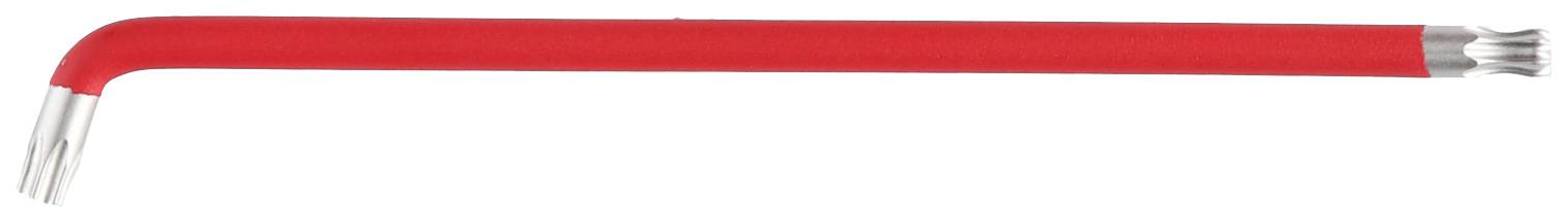 Czerwony klucz sześciokątny z srebrnymi końcówkami, lekko wygięty. Narzędzie służące do mocowania śrub lub nakrętek.