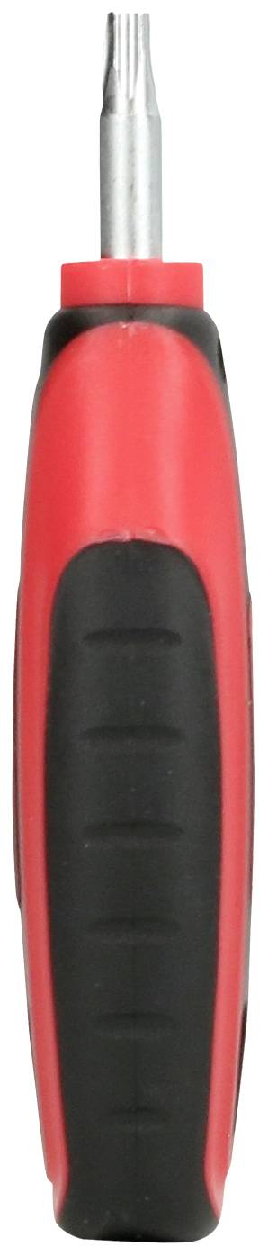 Czerwony i czarny śrubokręt z metalowym grotem, przedstawiony w pozycji pionowej.