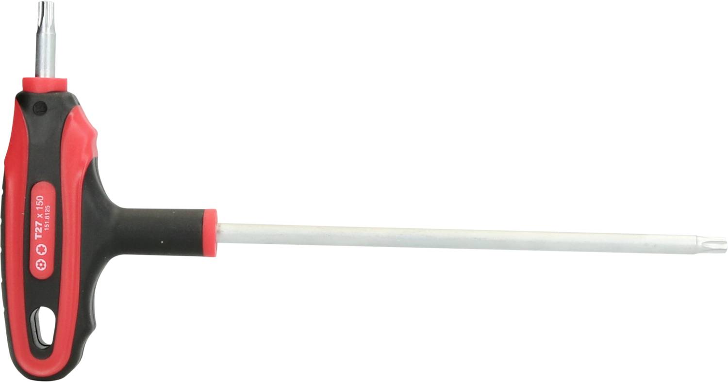 Czarno-czerwony wkrętak z uchwytem T i długim trzpieniem, odpowiedni do prac w trudno dostępnych miejscach.