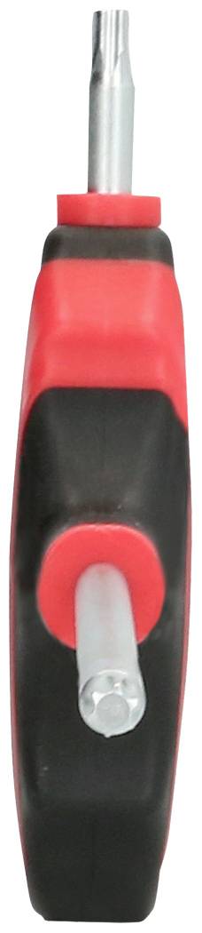 Czarno-czerwony śrubokręt z metalowym grotem po obu stronach, widziany z boku.