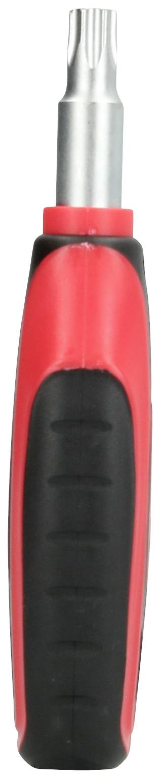 Czerwony i czarny śrubokręt z srebrnym, gwiazdkowym bitem.