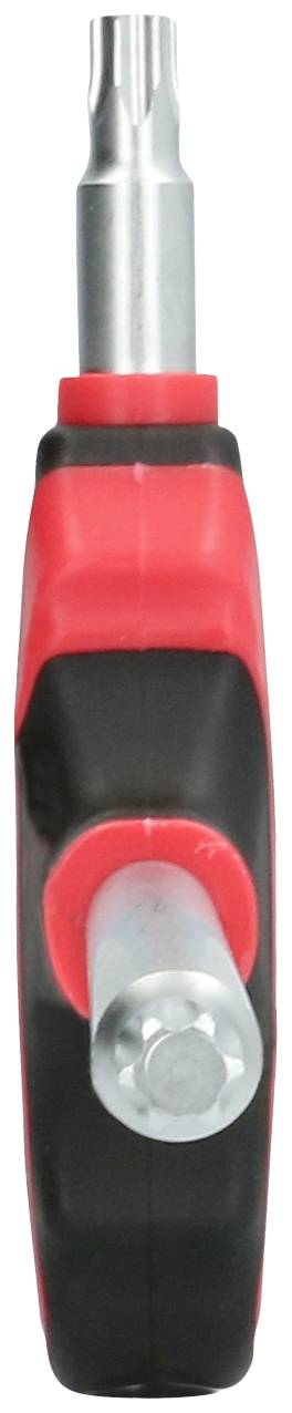 Grzechotka z czerwoną rękojeścią i srebrnym końcówką, ustawiona pionowo, zbliżenie na czubek.