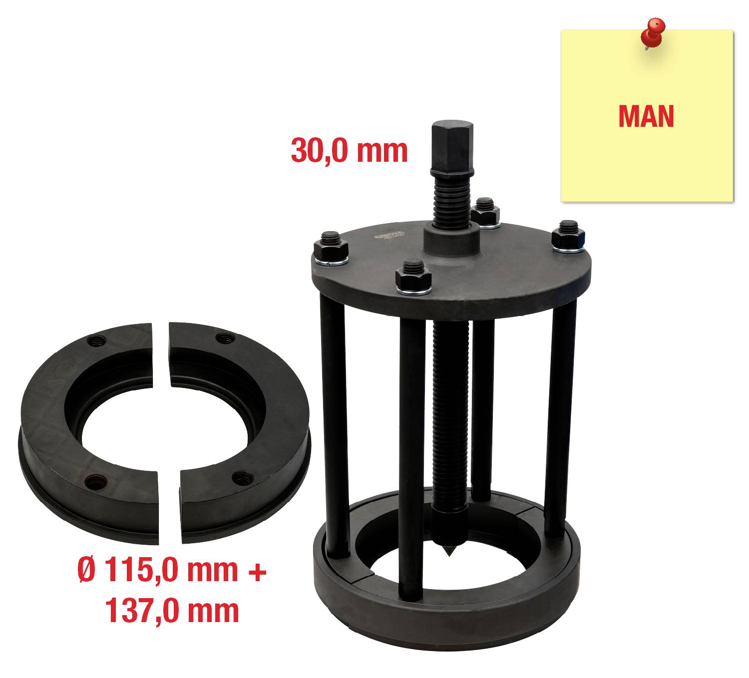 Narzędzie do montażu śrubami, wymiary: Ø 115,0 mm + 137,0 mm; wysokość 30,0 mm. Karteczka samoprzylepna z napisem MAN w prawym górnym rogu.