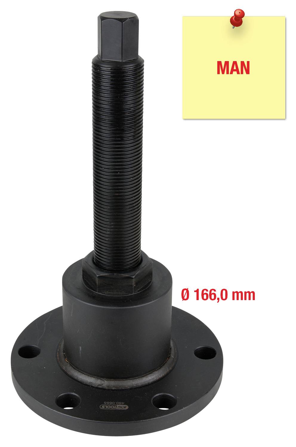 Czarny metalowy bolec na okrągłej płytce mocującej. Żółta kartka z czerwonym napisem 'MAN' widoczna jest w tle.