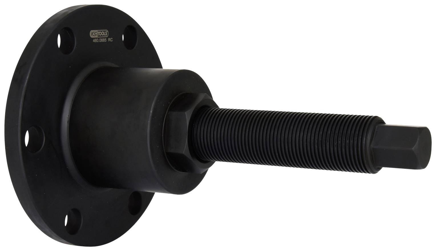 Czarny metalowy element o gwintowanej powierzchni i kołnierzu, stosowany do montażu lub demontażu obrotowych części w maszynach.