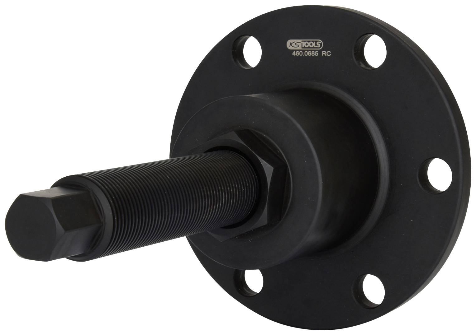 Czarny, okrągły element narzędziowy z prętem gwintowanym i pięcioma otworami mocującymi. Element jest solidnie skonstruowany.