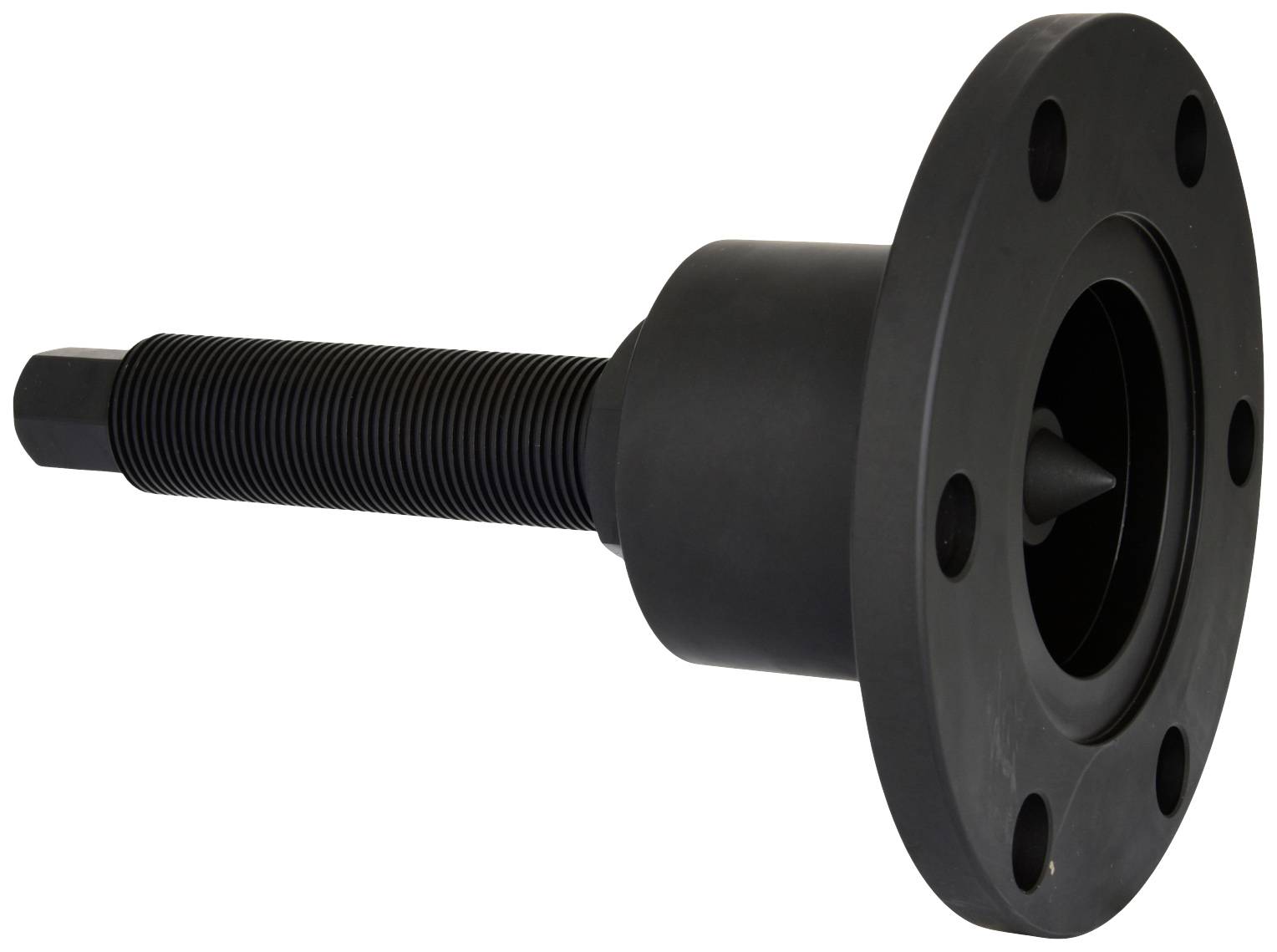 Czarny element mechaniczny z długą śrubą i okrągłą podstawą z otworami. Mógłby być częścią jakiegoś narzędzia.