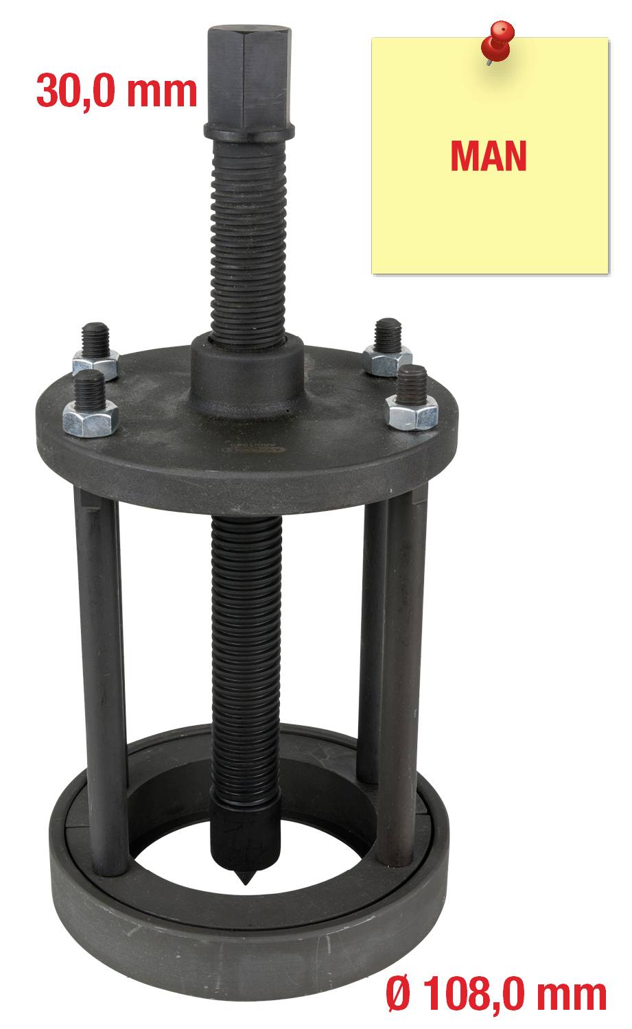 Narzędzie do przeprowadzania prac przy trudnych połączeniach w maszynach. Wymiary: średnica 108,0 mm, długość 30,0 mm. Karteczka samoprzylepna z napisem 'MAN'.