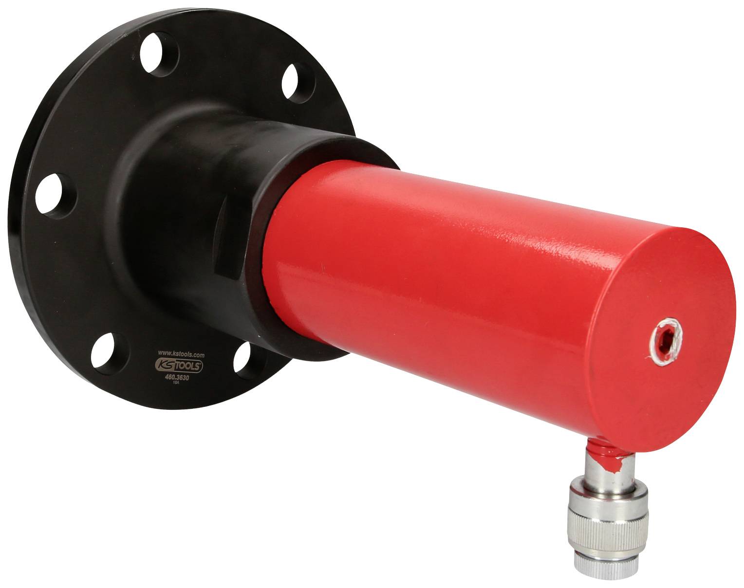 Czerwony metalowy cylinder z czarną płytą kołnierzową i srebrnym przyłączem. Prawdopodobnie element mechaniczny lub hydrauliczny.