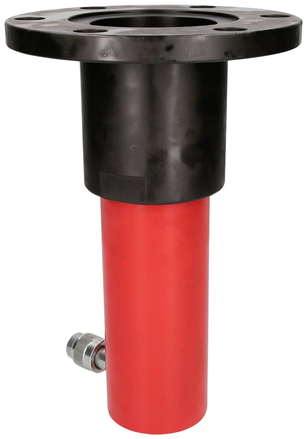 Czerwony hydrauliczny element konstrukcyjny z czarnym kołnierzem i bocznym przyłączem. Stosowany do sterowania w systemach hydraulicznych.