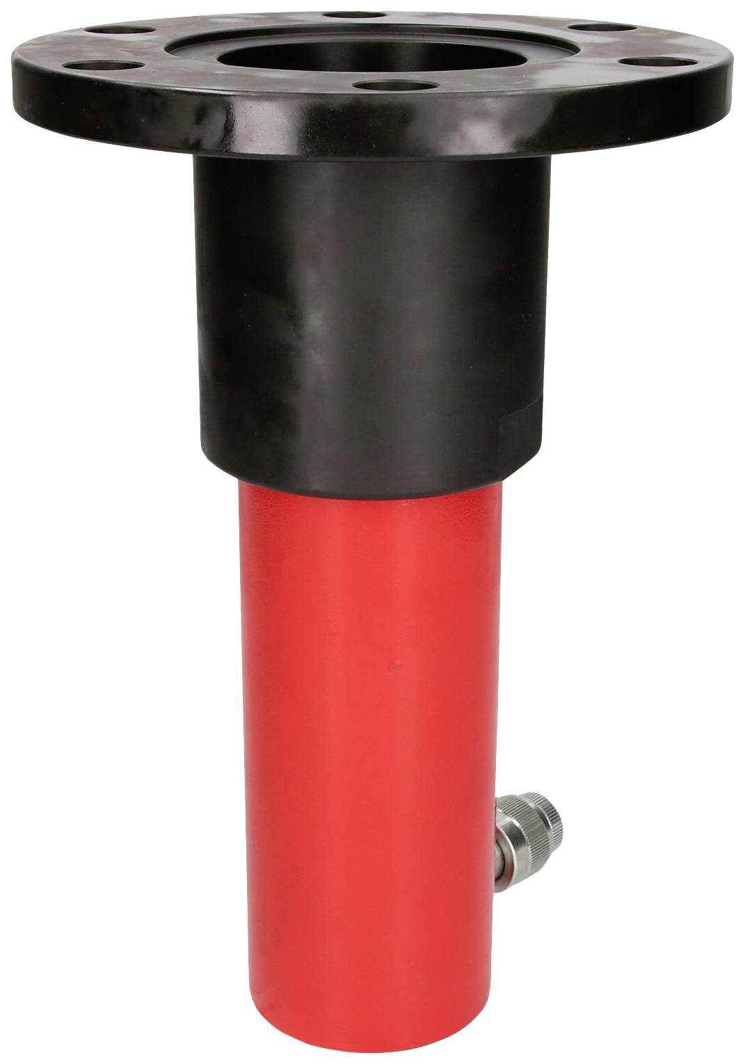 Czerwony i czarny cylinder hydrauliczny, ustawiony pionowo z wieloma otworami śrubowymi na górnym kołnierzu.