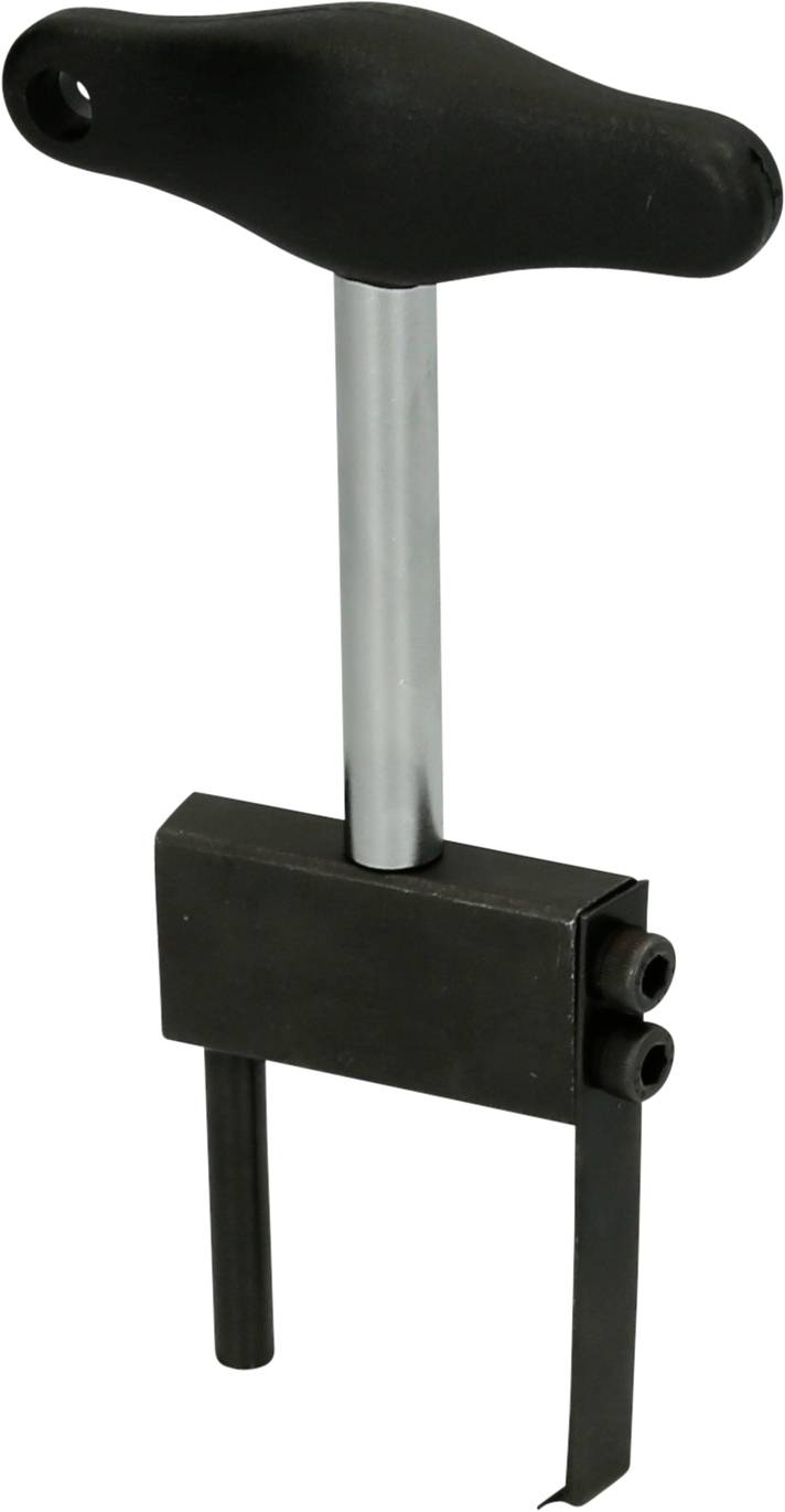 Klucz do świec zapłonowych w kształcie litery T, z czarnym uchwytem i dwiema metalowymi belkami u podstawy.