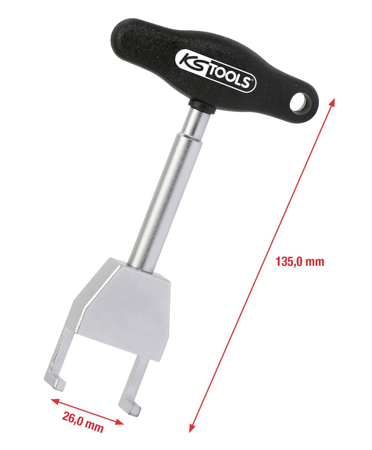 Ściągacz z uchwytem T firmy KS Tools, wykonany z metalu. Całkowita długość 135 mm, rozpiętość chwytania 26 mm.