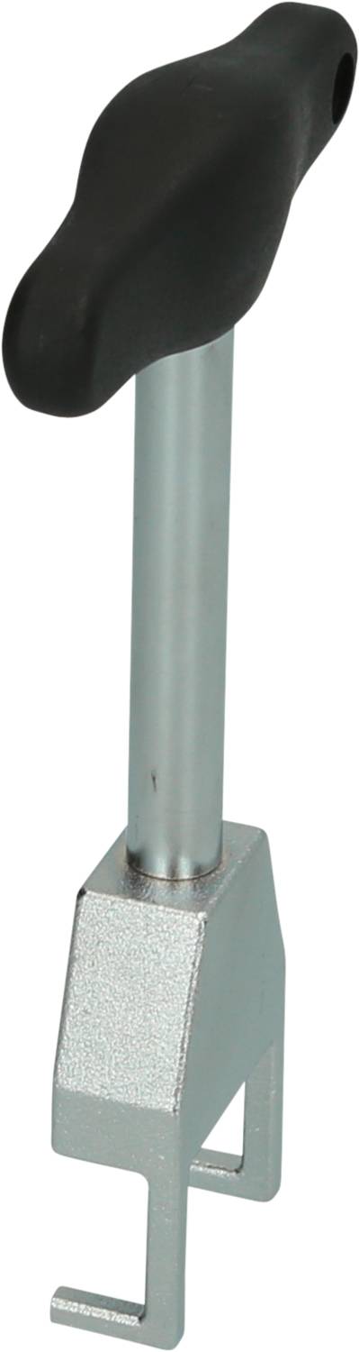 Srebrne narzędzie z czarną rączką, prawdopodobnie specjalistyczne narzędzie do chwytania lub obracania części z prostokątnym otworem.