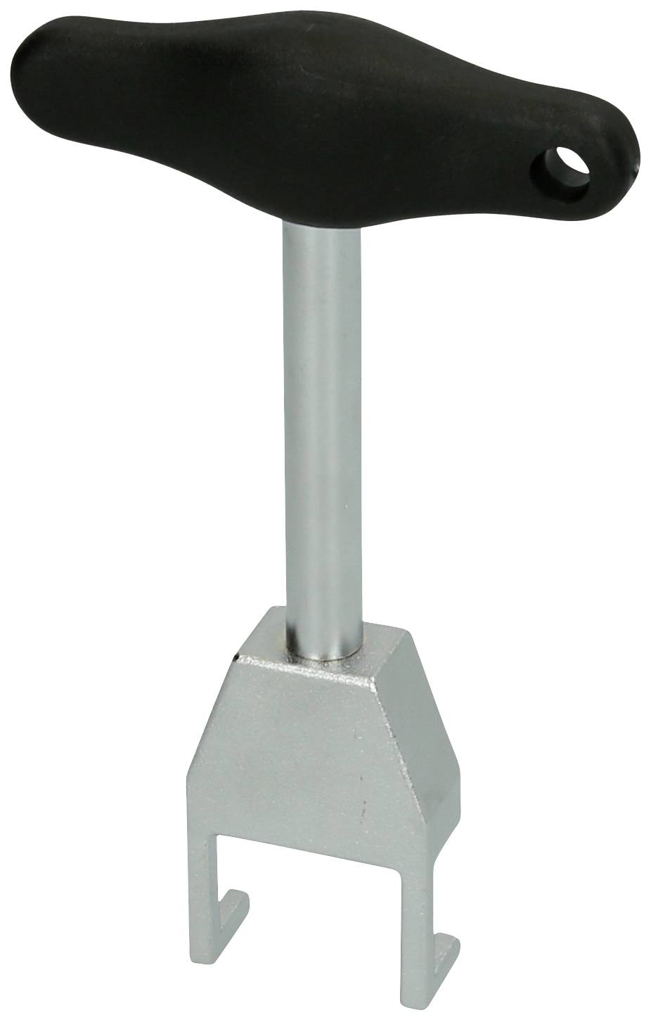 Srebrne narzędzie z czarnym uchwytem w kształcie litery T i hakiem na końcu. Wygląda na przeznaczone do specjalnych zastosowań.