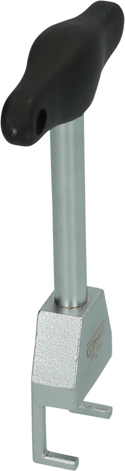 Srebrzysto-metalowy hak z czarnym, ergonomicznym uchwytem, przydatny do chwytania lub ciągnięcia przedmiotów.