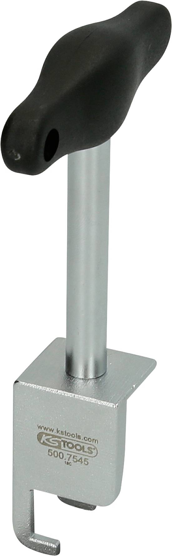 Srebrny zacisk z czarnym uchwytem T firmy KS Tools, numer artykułu 600.7545, stosowany do mocowania pokryw łożysk.