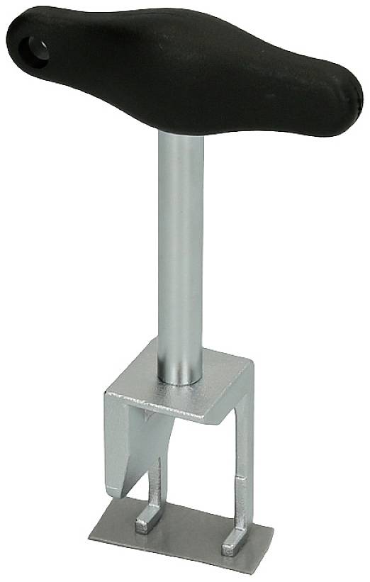 Solidny uchwyt z długim srebrnym prętem i metalowym zakończeniem. Uchwyt jest czarny i ergonomicznie wyprofilowany.