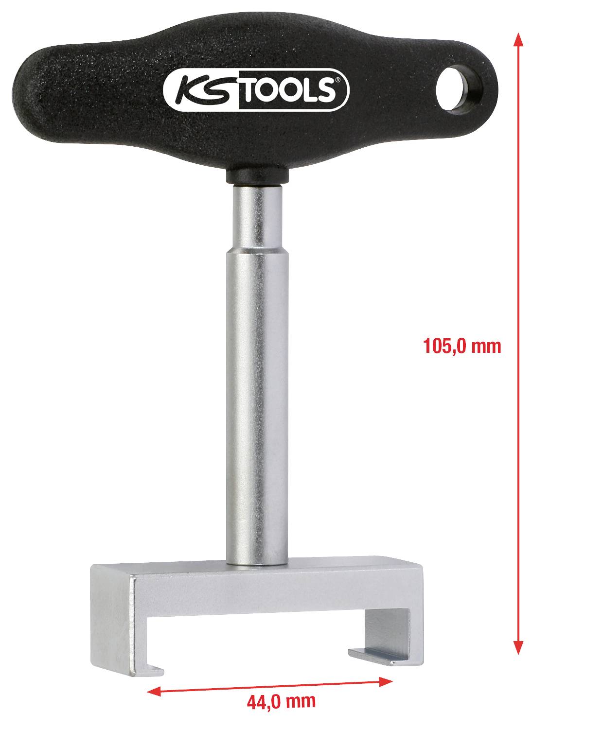 Narzędzie w kształcie litery T firmy KS Tools o długości 105,0 mm i szerokości 44,0 mm, przedstawione za pomocą czerwonych strzałek i oznaczonych wymiarów.