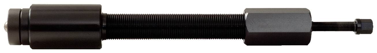 Czarne mechaniczne narzędzie z cylindryczną i karbowaną sekcją, prawdopodobnie ściągacz, na białym tle.