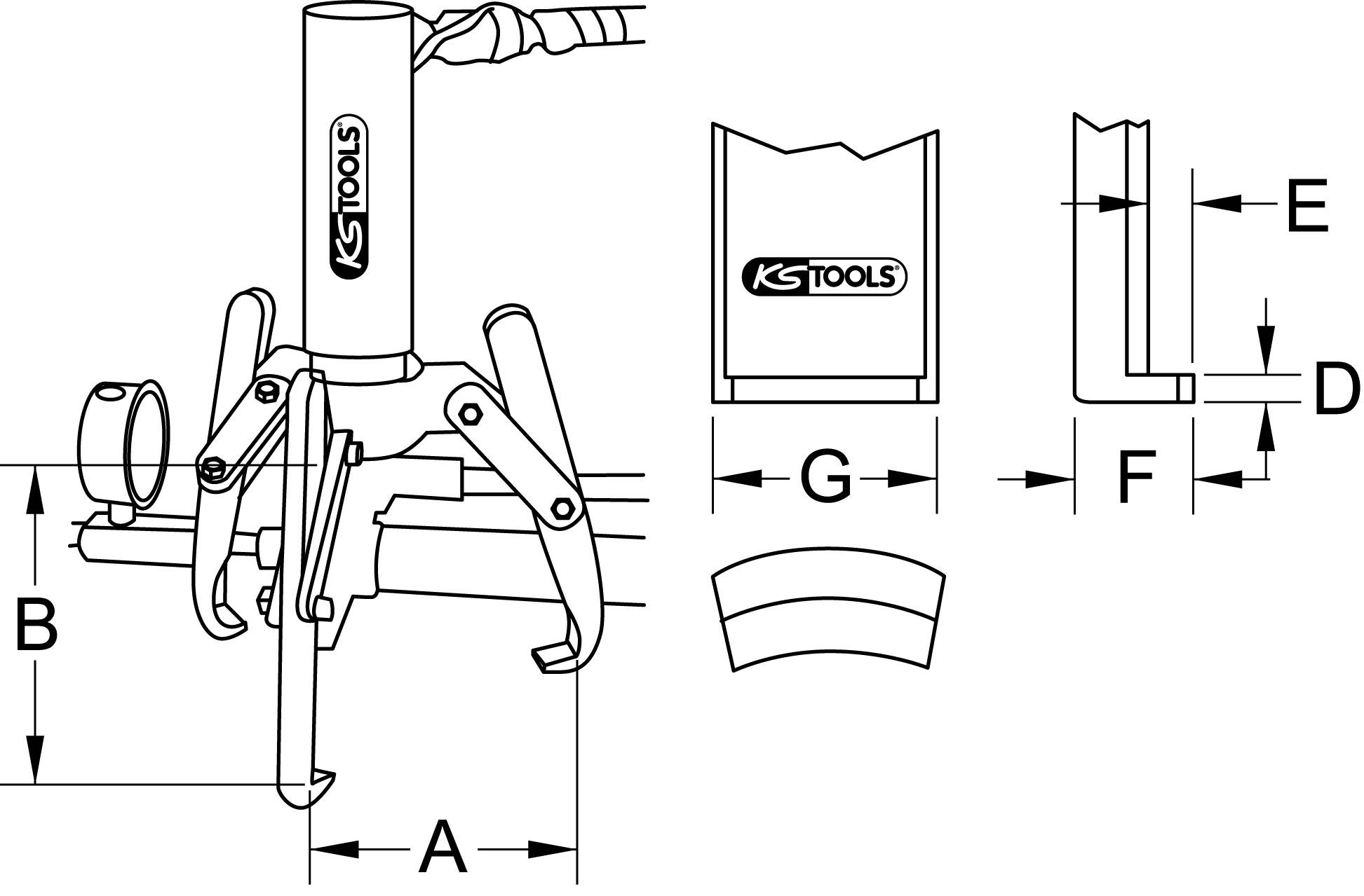 Rysunek rozstrzelony narzędzia. Główne komponenty oznaczone są literami A, B, D, E, F, G. Elementy logo producenta 'KS Tools'.