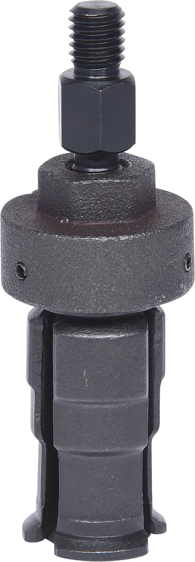 'Czarne metalowe narzędzie z gwintem śrubowym u góry i cylindrycznym korpusem u dołu, prawdopodobnie przeznaczone do zastosowań przemysłowych.'